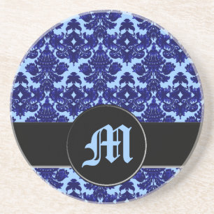 Klassisch Damast Blau (Monogramm) Getränkeuntersetzer