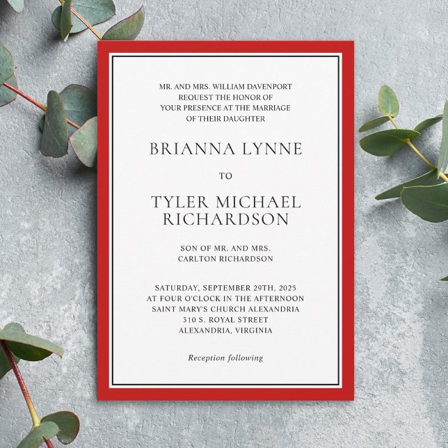 Klassisch einfache Elegant Red Edging Wedding Einladung (Available in both print and digital download formats.)
