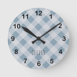 Klassisch Elegant Blau Gingham Karo & Benutzerdefi Runde Wanduhr