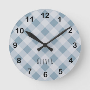 Klassisch Elegant Blau Gingham Karo & Benutzerdefi Runde Wanduhr