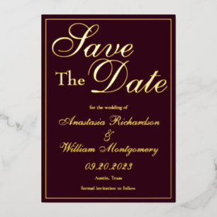 Klassisch Elegant Burgund Gold Foto Save The Date Folieneinladung