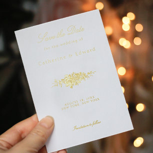Klassisch elegante gravierte florale Save-the-Date Folieneinladung