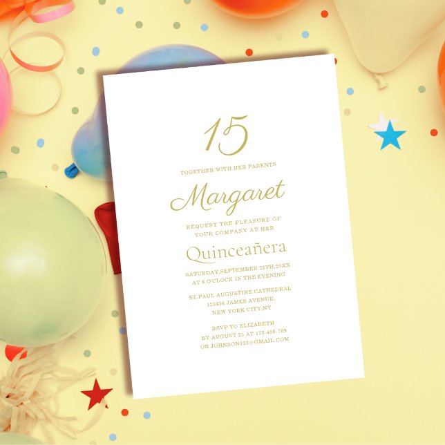 klassisch elegante Quinceañera, weiß und goldfarbe Einladung (Von Creator hochgeladen)