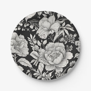 Klassisch Floral Schwarz und Weiß Vintage Pappteller