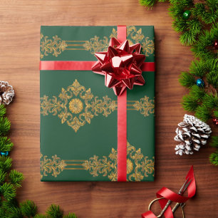 Klassisch Forest Grün Gold Medaillon gestreift Geschenkpapier