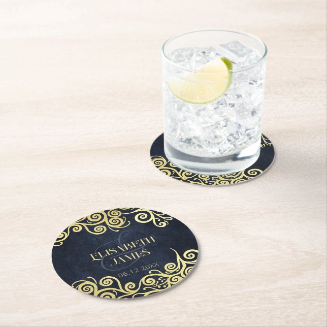 Klassisch Geblüht Hochzeit in Blu und Gold Runder Pappuntersetzer (Vor Ort)