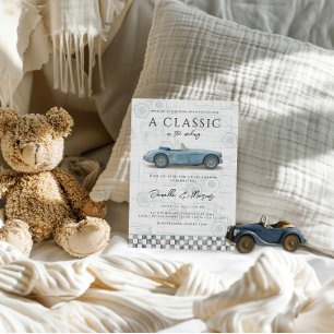Klassisch im Making Blue Vintage Car Baby Shower Einladung
