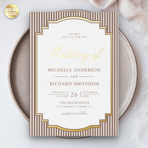 Klassisch Mocha Braun Gestreift Foto Hochzeit Gold Folieneinladung