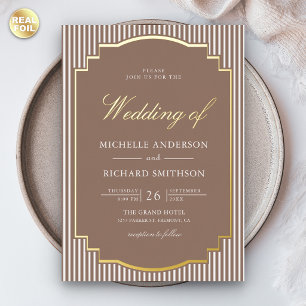 Klassisch Mocha Braun Gestreift Foto Hochzeit Gold Folieneinladung