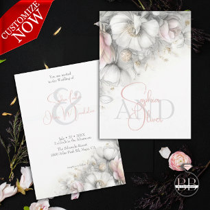 Klassisch Modern Elfenbein und Rosenrote Floral  Einladung