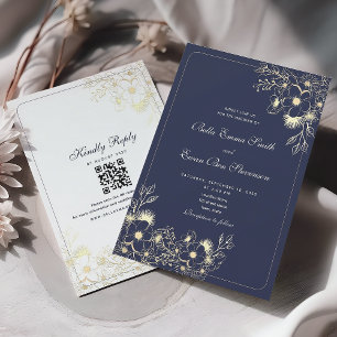 Klassisch Navy Blau Gold QR-Code Hochzeit Einladung