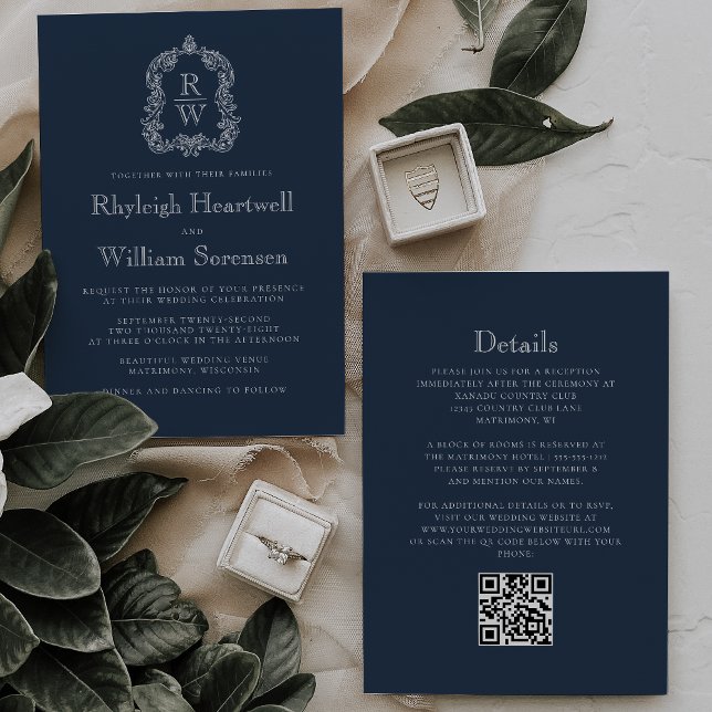 Klassisch Navy Blau Monogramm-Wappen QR-Code-Hochz Einladung (Von Creator hochgeladen)