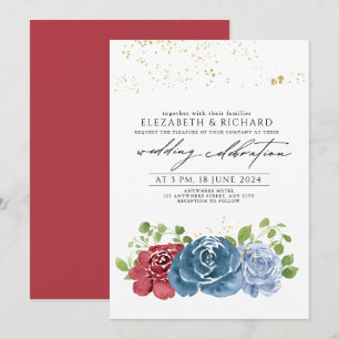 Klassisch Navy Blau Rote Florale Grüne Hochzeit Einladung