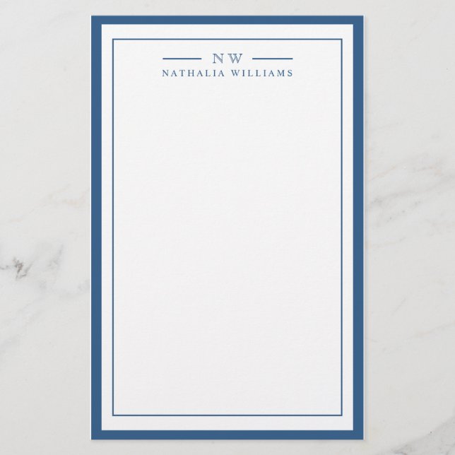 Klassisch Navy Blau Zwei-Rahmen-Monogramm-Linien Briefpapier (Vorderseite)
