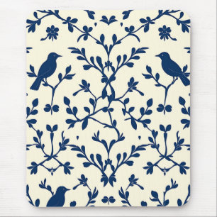 Klassisch Navy Blaues Vogel-Damask-Toile-Silhouett Mousepad