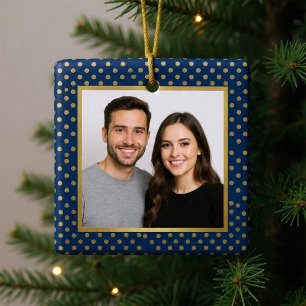 Klassisch Navy & Gold Punkte Rahmen Foto Weihnacht Ornament Aus Metall
