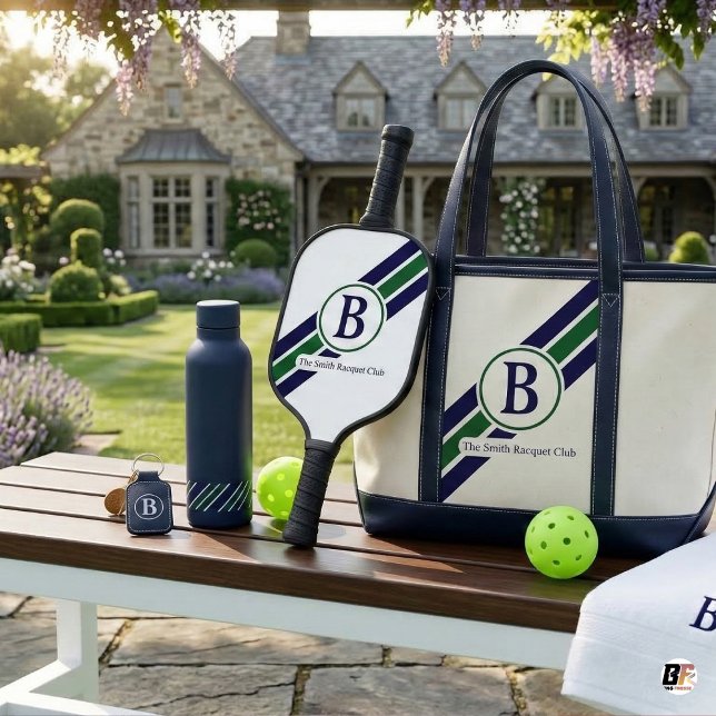 Klassisch Preppy Navy Grün Gestreift Monogramm Pickleball Schläger (Von Creator hochgeladen)