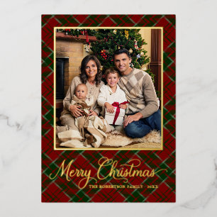 Klassisch Rot Kariert Frohe Weihnachten Foto Gold Folien Feiertagskarte