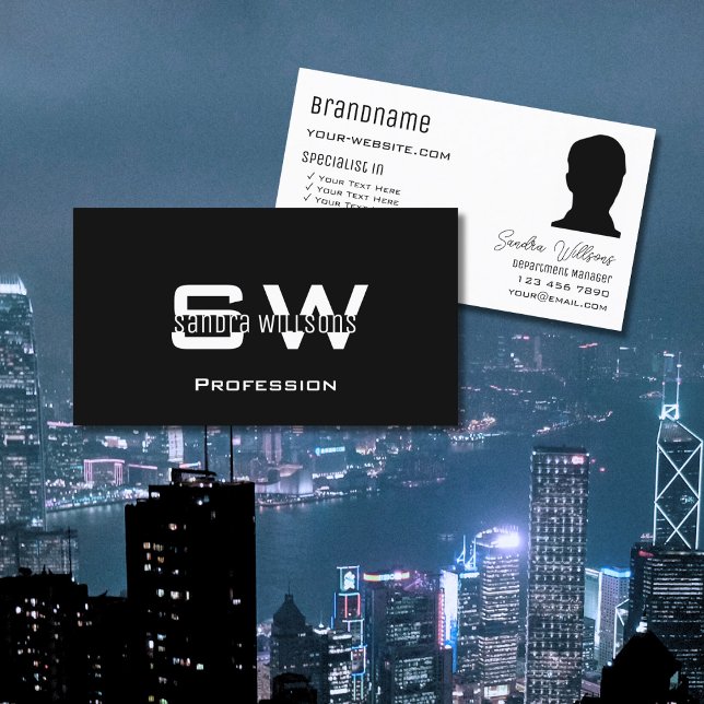 Klassisch Schwarz-weiß modern mit Monogramm und Fo Visitenkarte (Von Creator hochgeladen)