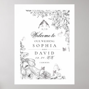 Klassisch Weiße Schwarze Florale Hochzeitsbegrüßun Poster