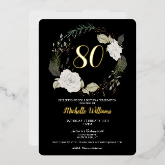 Klassische 80. Geburtstagsparty Blumenreath Gold Folieneinladung