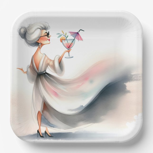 Klassische ältere Frau mit Party Drink Pappteller (Vorderseite)