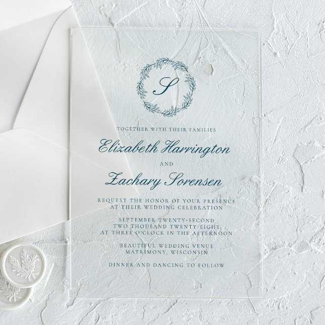 Klassische Aquamarine Blue Monogram Wreath Script  Acryleinladungen (Von Creator hochgeladen)
