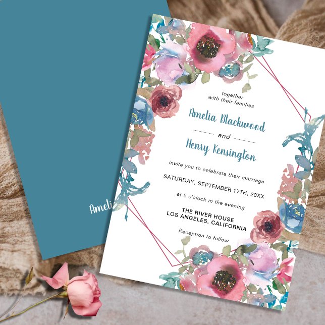 Klassische Aquamarine Hochzeit in Blau und Rosa Einladung (Von Creator hochgeladen)