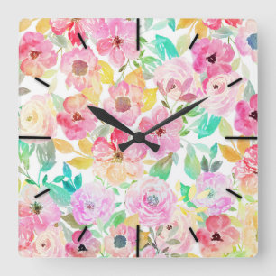 Klassische Aquarellmalerei mit Blumenmuster Quadratische Wanduhr