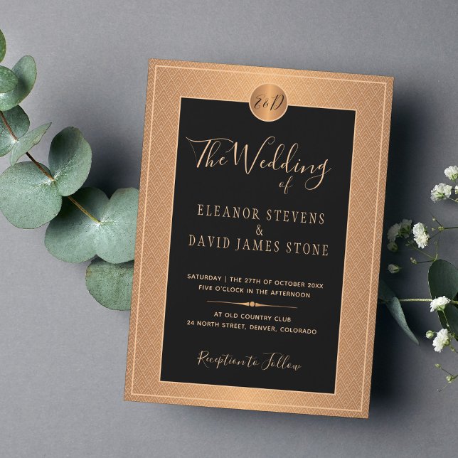 Klassische Art Deco Glasur Schwarzes Gold Hochzeit Einladung (Von Creator hochgeladen)