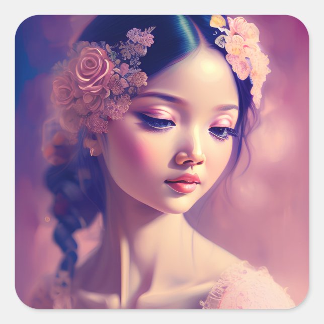 Klassische Artwork eines asiatischen Mädchens Quadratischer Aufkleber (Vorderseite)