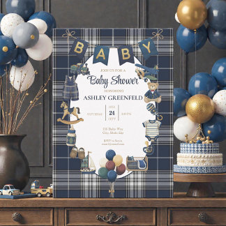 Klassische Baby-Party im Navy-Blau-Karomuster Einladung