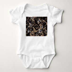 Klassische barocke Blume: schwarzer Hintergrund. Baby Strampler