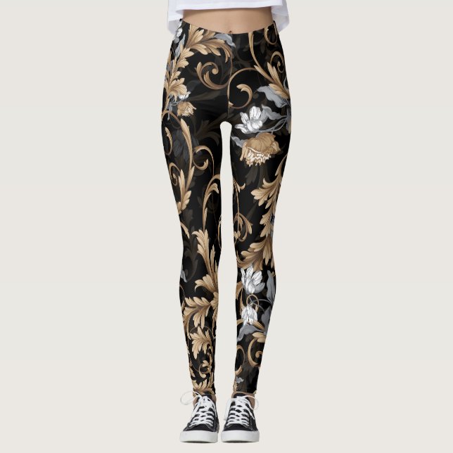 Klassische barocke Blume: schwarzer Hintergrund. Leggings (Vorderseite)