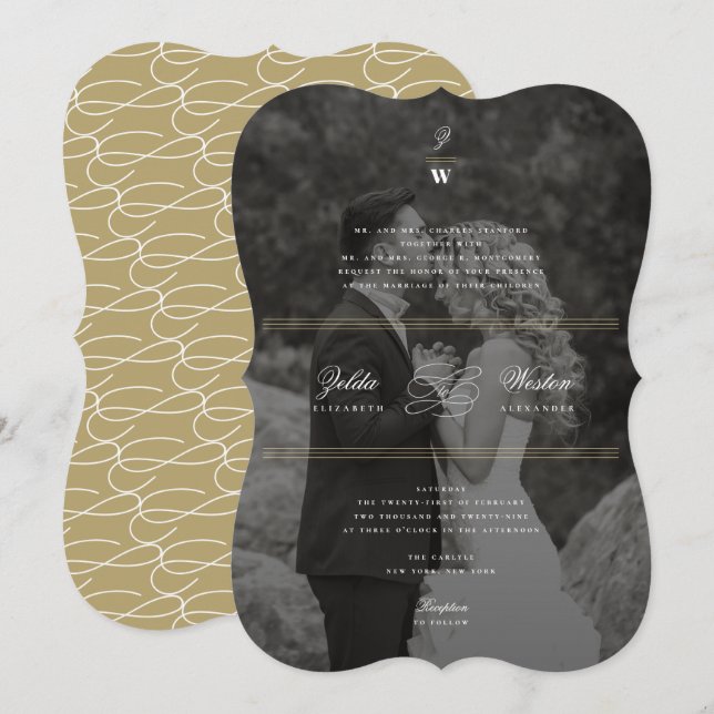 Klassische Bars Doppelmonogramm Modernes Foto Hoch Einladung (Vorne/Hinten)