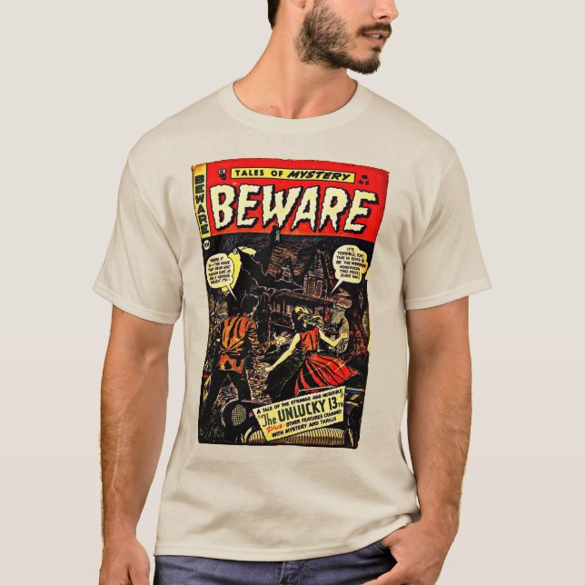 Klassische "BEWARE" Fantasy Comic T - Shirt (Vorderseite)