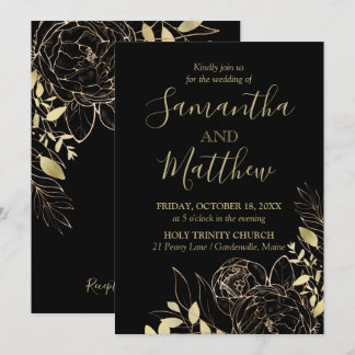 Klassische Black & Gold Peony Moderne Blumenhochze Einladung