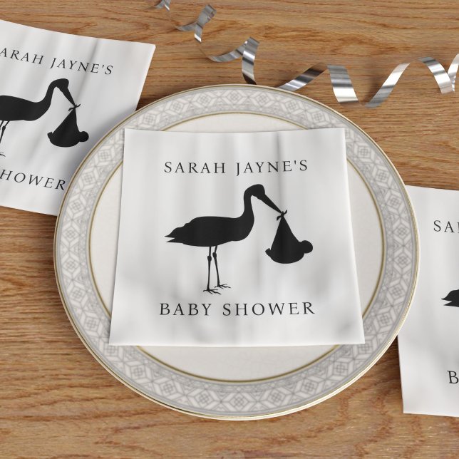 Klassische Black Stork Babydusche White Napkins Serviette (Choose the color of your baby shower napkins or keep the classic black stork with white.)
