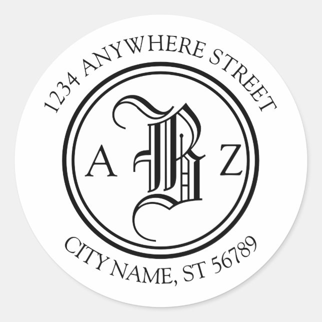 Klassische Blakkletter Monogramm-Rundadresse Runder Aufkleber (Vorderseite)
