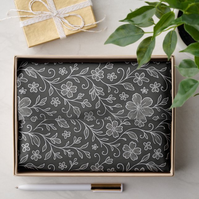 Klassische Blätter Blumenmuster auf Grau Schwarz Seidenpapier (Geschenk)