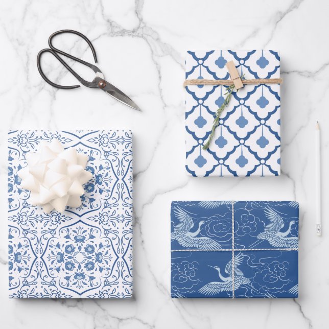 Klassische Blaue chinesische Keramik-Muster Geschenkpapier Set (Vorderseite)