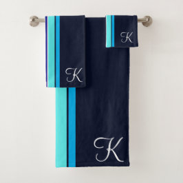 Klassische Blaue Cursive Mit Monogramm Line Art Badhandtuch Set