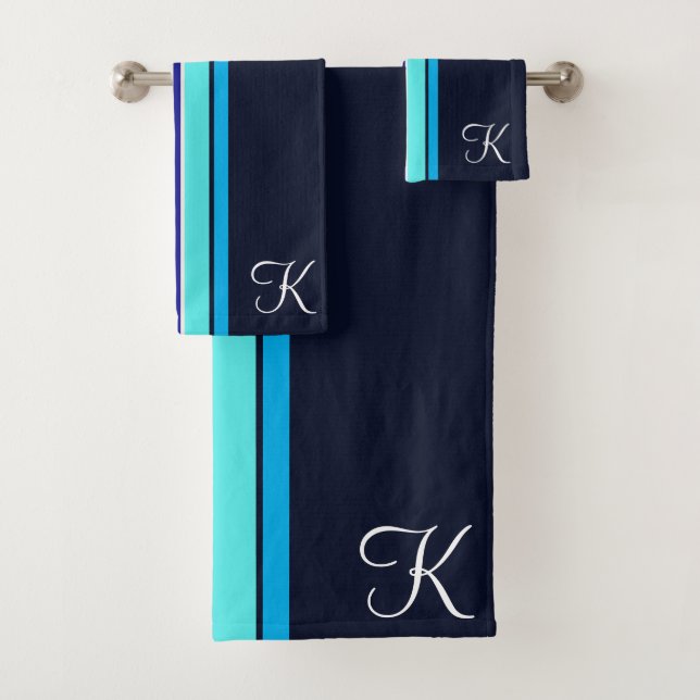 Klassische Blaue Cursive Mit Monogramm Line Art Badhandtuch Set (Insitu)