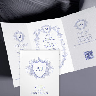 Klassische blaue französische florale QR-Code-Hoch Dreifach Gefaltete Einladung