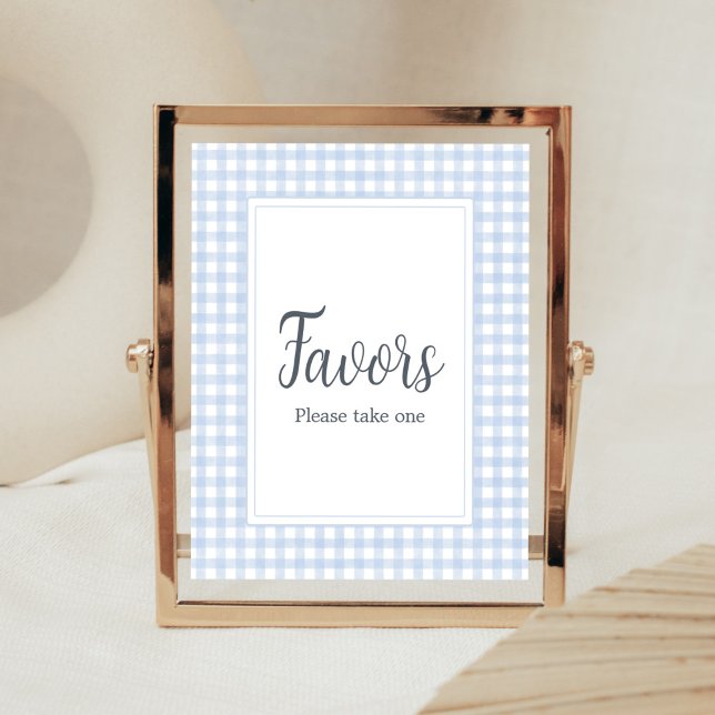 Klassische blaue Gingham-Geschenke Poster (Boy Gingham Baby Shower Favors Sign)