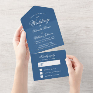 Klassische blaue Hochzeitseinladung & abtrennbare  All In One Einladung