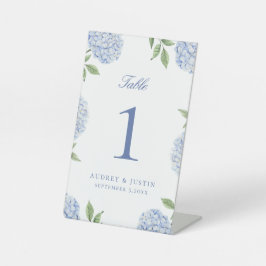Klassische blaue Hortensien-Blumen-Tischnummer Sockelschild