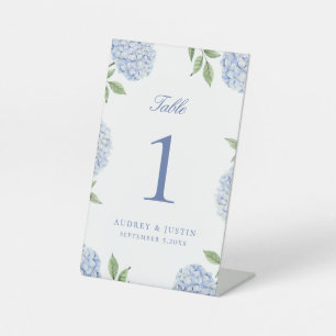 Klassische blaue Hortensien-Blumen-Tischnummer Sockelschild