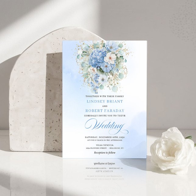 Klassische blaue Hortensien-Gold-Blumen-Hochzeitse Einladung (Classic Blue Hydrangea Gold Floral Wedding Invite)