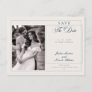 Klassische Blaue Kalligrafie Foto Save The Date Postkarte